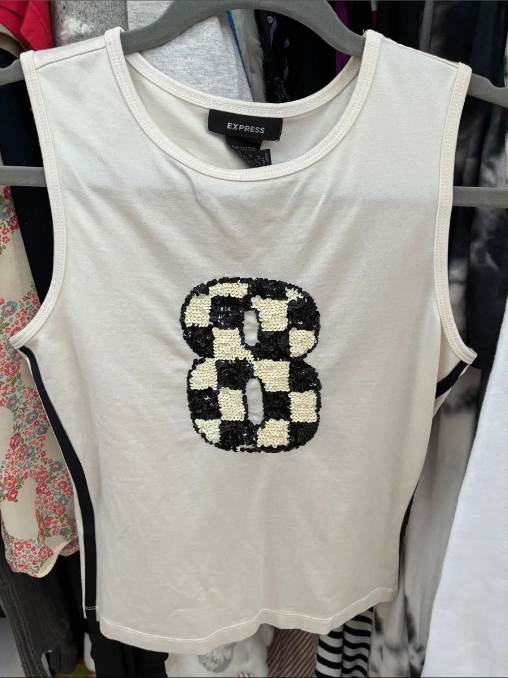 Express Cream Tank Top with Black & Cream Sequin Checkerboard '8'